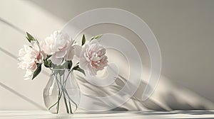 a vase filled with exquisite peony flowers, resting gracefully on a table with abundant empty space, perfect for adding