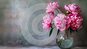 a vase filled with exquisite peony flowers, resting gracefully on a table with abundant empty space, perfect for adding