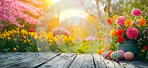 A vase filled with flowers sits on a wooden table, Easter eggs, butterflies in the air, against a blooming spring garden backdrop