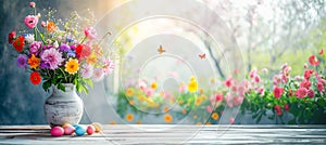 A vase filled with flowers sits on a wooden table, Easter eggs, butterflies in the air, against a blooming spring garden backdrop