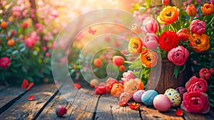 A vase filled with flowers sits on a wooden table, Easter eggs, butterflies in the air, against a blooming spring garden backdrop