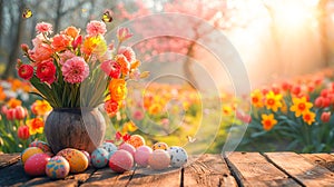 A vase filled with flowers sits on a wooden table, Easter eggs, butterflies in the air, against a blooming spring garden backdrop