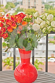 Vase filled with long stemmed, cream colored and orange-red colored, baby roses photo