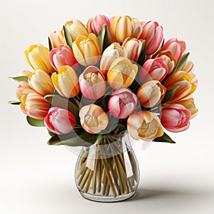 A vase filled with lots of colorful tulips