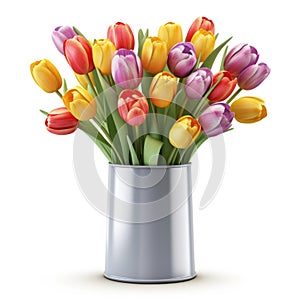 A vase filled with lots of colorful tulips