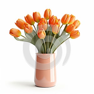 A vase filled with lots of orange tulips