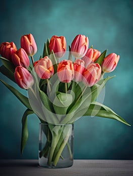 Vase filled with lots of pink tulips