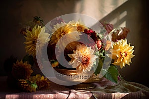 A vase filled with lots of yellow and red flowers. AI generative image