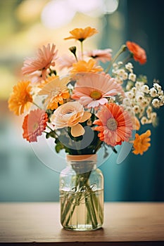 A vase filled with orange and white flowers, AI