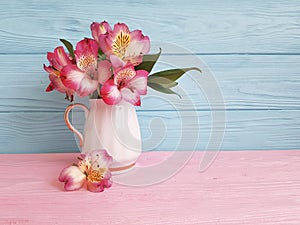 Vase flower spring leaf alstroemeria seasonal on a wooden arrangement