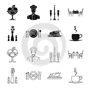 Vase with a flower, table setting, fried chicken with garnish, a cup of coffee.Restaurant set collection icons in black