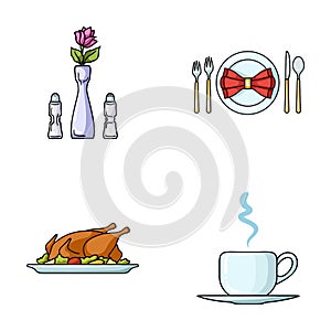 Vase with a flower, table setting, fried chicken with garnish, a cup of coffee.Restaurant set collection icons in