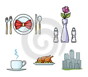 Vase with a flower, table setting, fried chicken with garnish, a cup of coffee.Restaurant set collection icons in