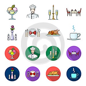 Vase with a flower, table setting, fried chicken with garnish, a cup of coffee.Restaurant set collection icons in