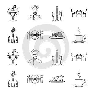 Vase with a flower, table setting, fried chicken with garnish, a cup of coffee.Restaurant set collection icons in