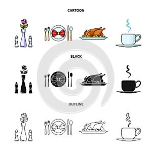 Vase with a flower, table setting, fried chicken with garnish, a cup of coffee.Restaurant set collection icons in