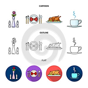 Vase with a flower, table setting, fried chicken with garnish, a cup of coffee.Restaurant set collection icons in