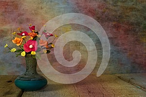 Vase flower with wooden platform,light vintage tone filter proce