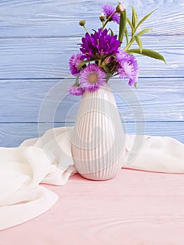 Vase flowers bell, purple elegance romance chrysanthemum arrangement on a wooden background