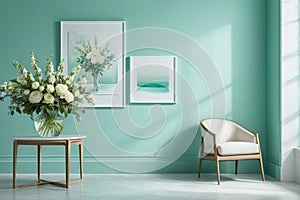 A vase of flowers dominates the large frame attached to the mint-colored wall, next to a stylish chair w