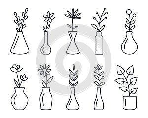 Vase with flowers line icons. Vector set editable stroke. Glass flowerpots and vases interior design elements. Florist garden