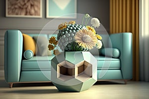 A vase with flowers is placed on a wooden cube in a stylish and trendy composition of design sculpture. stylish accoutrements.