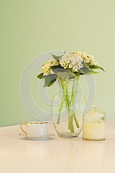 Vase of flowers and teacup in soft green pastel hues photo