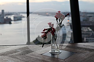 vase of flowers on wooden table next to a window at dusk