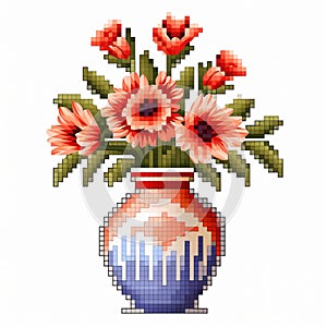 Pixel Art Flower Vase Illustration With Traditional Technique And Art Deco Sensibilities photo