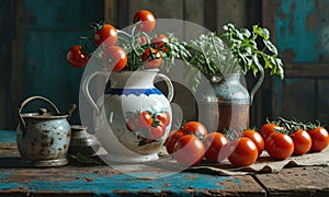 A vase full of tomatoes sits on a table next to a few other vases and a pot.