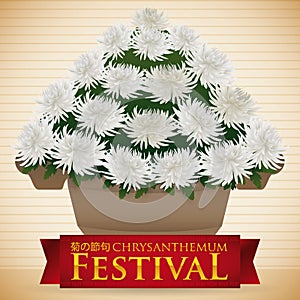 Vase Full of White Chrysanthemum Flowers for Festival, Vector Illustration