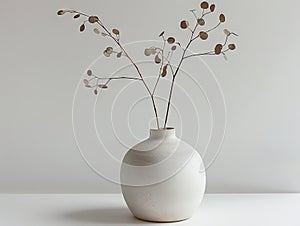 Vase holds dried flowers against white wall, vase and few twigs