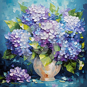 Vase with hydrangea flowers. Oil painting style, square impasto oil painting. Generative AI photo