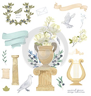Vase with magnolia and watercolor bird fly peace dove for wedding celebration illustration similar on white background