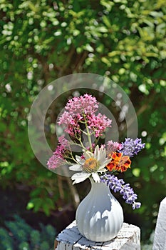 Vase with Marigold, Valerian, Lavender, White Coneflower