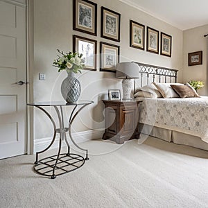 Vase on metal table and gray lamp in spacious bedroom photo
