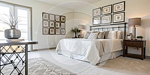 Vase on metal table and gray lamp in spacious bedroom photo