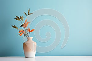 a vase with orange flowers sitting on a table in front of a blue wall