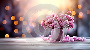 vase of pink cyclamen flowers on a wooden table, with glowing lights creating a warm, dreamy background