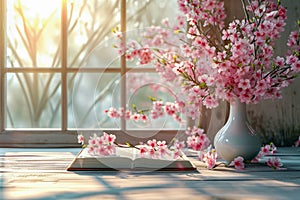 Vase of pink flowers with book and window in the background. Generative AI