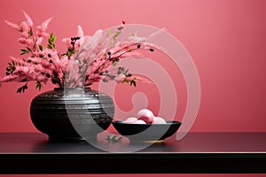 A vase with pink flowers next to a bowl of eggs. AI.