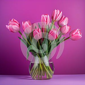 A vase of pink tulips is on a purple background.