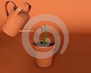 Vase with plant seedling and watering can in brown monochrome image.  3D illustration of a plant bud in a pot being watered with a