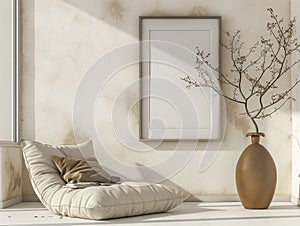 Vase with a plant in it sitting on a floor, Canvas display concept