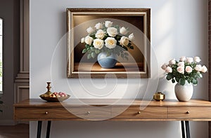 Vase with roses on a wooden table with a panel