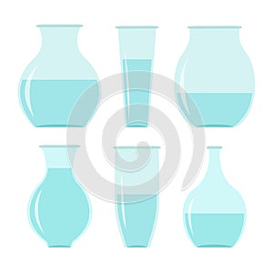 Vase set. Flower glass vases with blue water. Cute icon collection. Ceramic Pottery Glass Flower decoration template. White