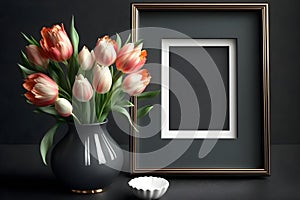 Vase with tulips and empty photo frame, mockup template, dark background