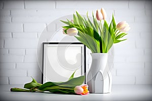 Vase of tulips flower on the table and empty photo frame mockup template