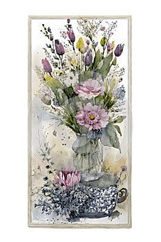 A vase of vibrant spring flowers in a frame on a white background. Generative AI