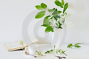 Vase with White Flowers Bird Cherry Tree, Morning, Cup with Coffee, Old Book